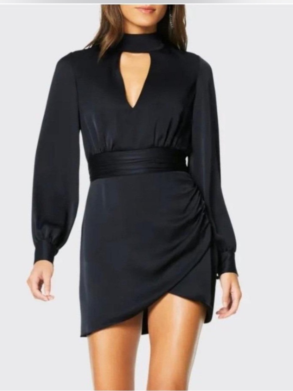 Ramy Brook Angela satin draped ruched faux wrap LS black mini dress sz 12